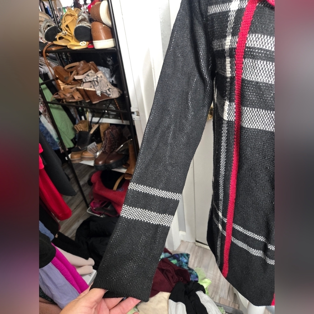 Charter Club Plaid Open Front Cardigan Deep Black Combo Sz Small - Picture 7 of 8
